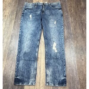 Jeanius Akademiks Mens Acid Wash Distressed Straight Leg‎ Jeans Blue 40x30